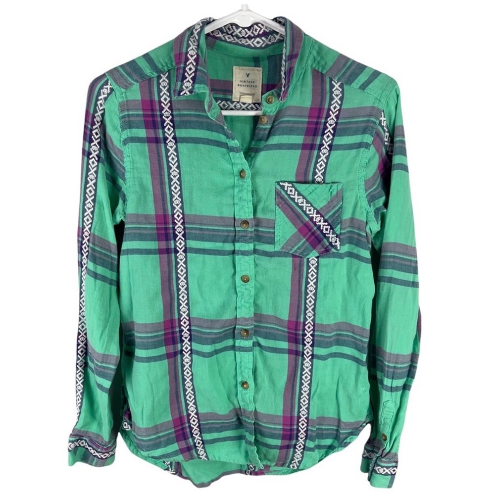 American Eagle Outfitters Green Plaid Button-Down Shirt with Purple Accents
